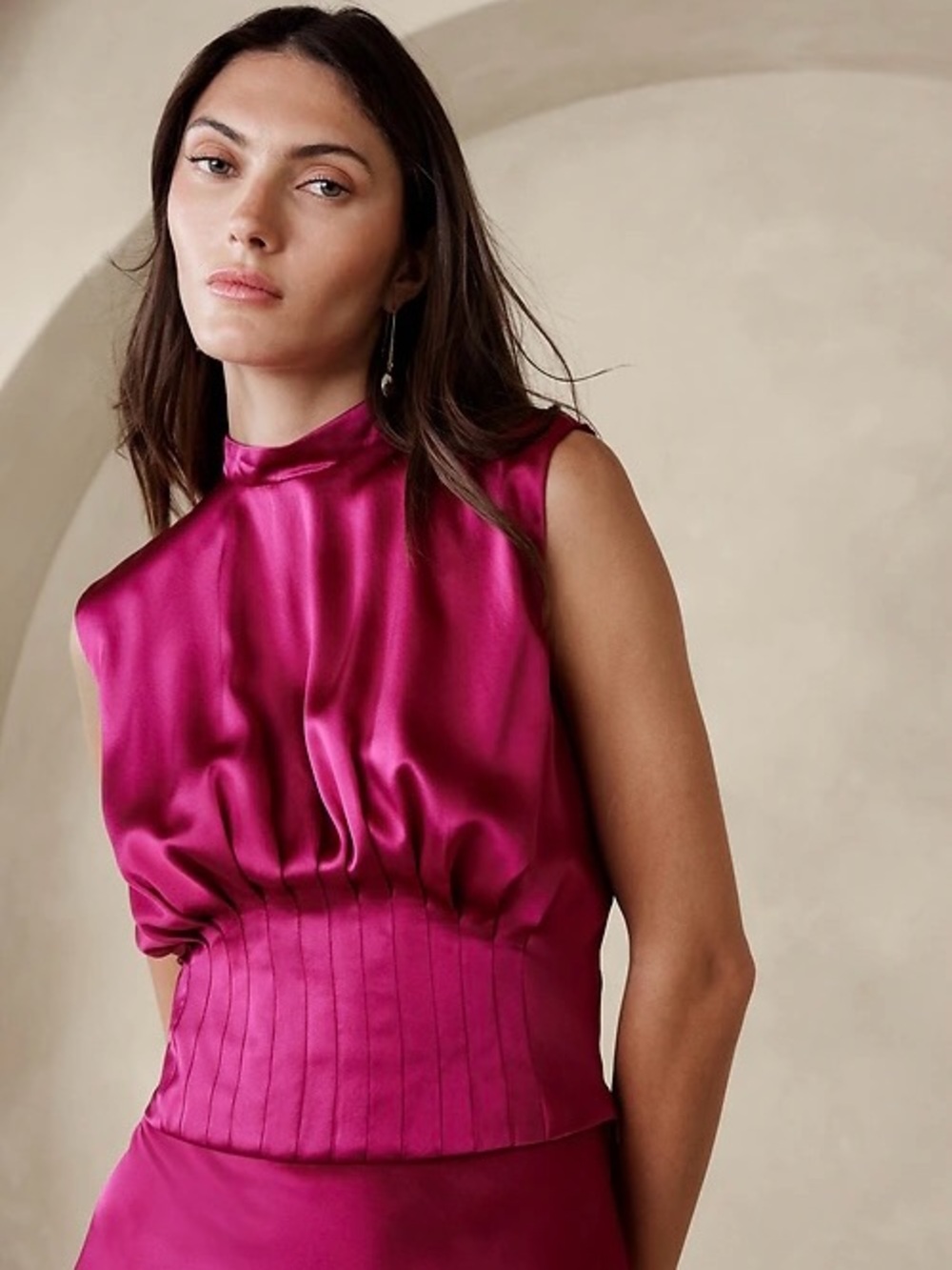 Satin Mock-Neck Sleeveless Top in Fuchsia
